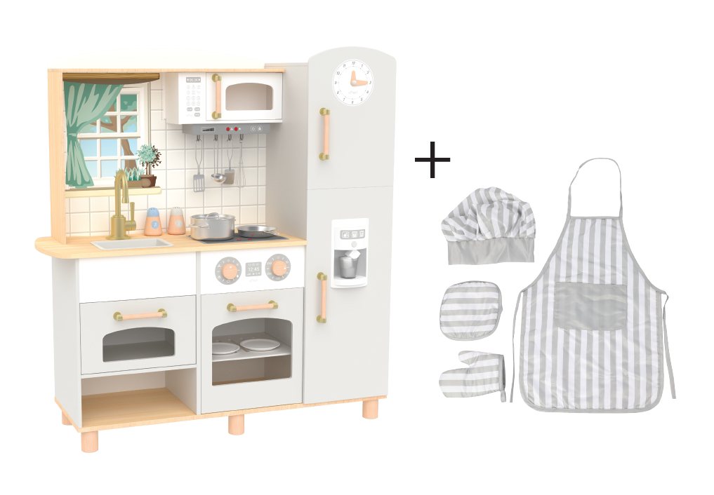 🍽️ Luxe Houten Kinderkeuken met Accessoires & Gratis Textielset – Scandinavisch Design