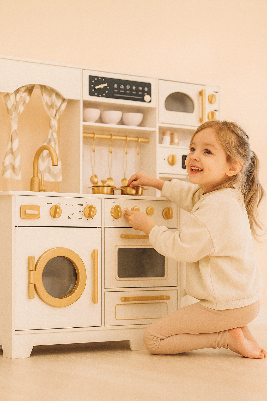 Houten Kinderkeuken – Met Licht, Stoom & Water – Speelkeuken met Gouden Accessoires – Vanaf 3 Jaar