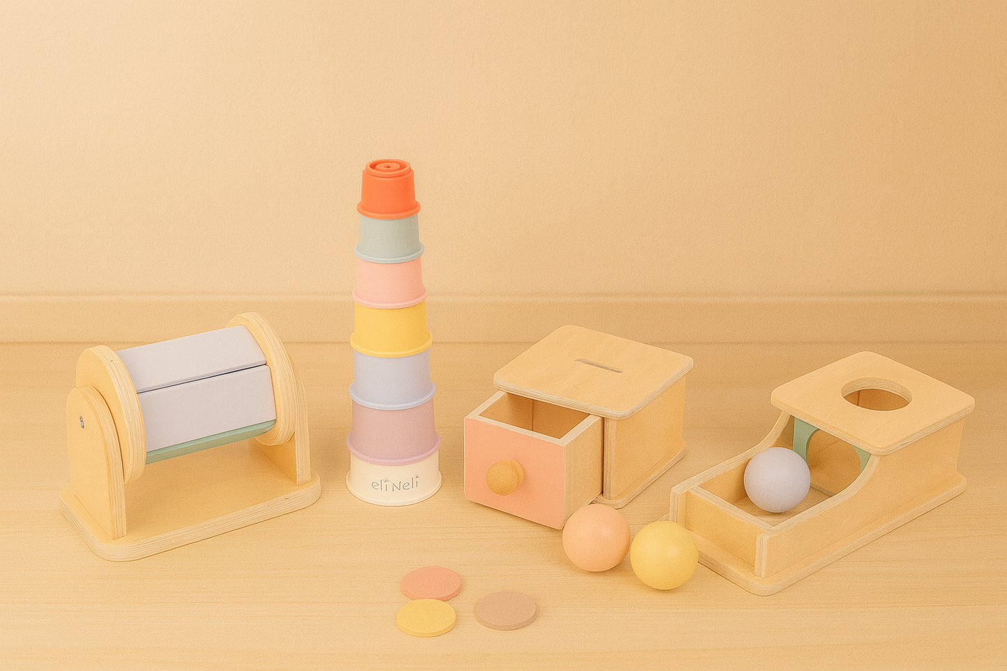 sensorisch speelgoed van hout en siliconen – draaimolen & ballenbox