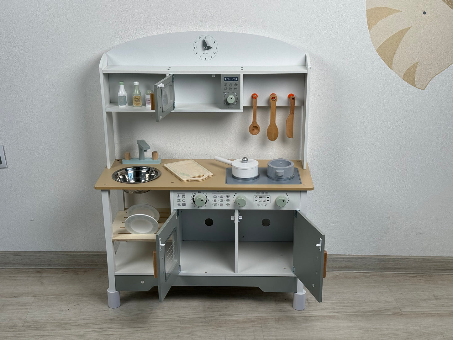 🍽️ Houten Kinderkeuken met Verstelbare Hoogte – Neutraal Design & Accessoires