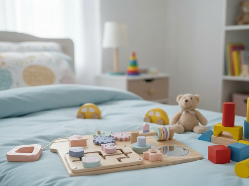 Houten activiteitenbord in huisvorm met boerderijdieren – Montessori speelgoed voor motoriek en vormherkenning.