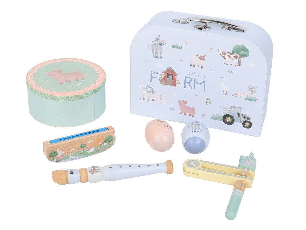 Houten Muziekinstrumenten Set voor Kinderen – 5‑delig met Boerderijthema (12m+) - VOF Snug & Smart