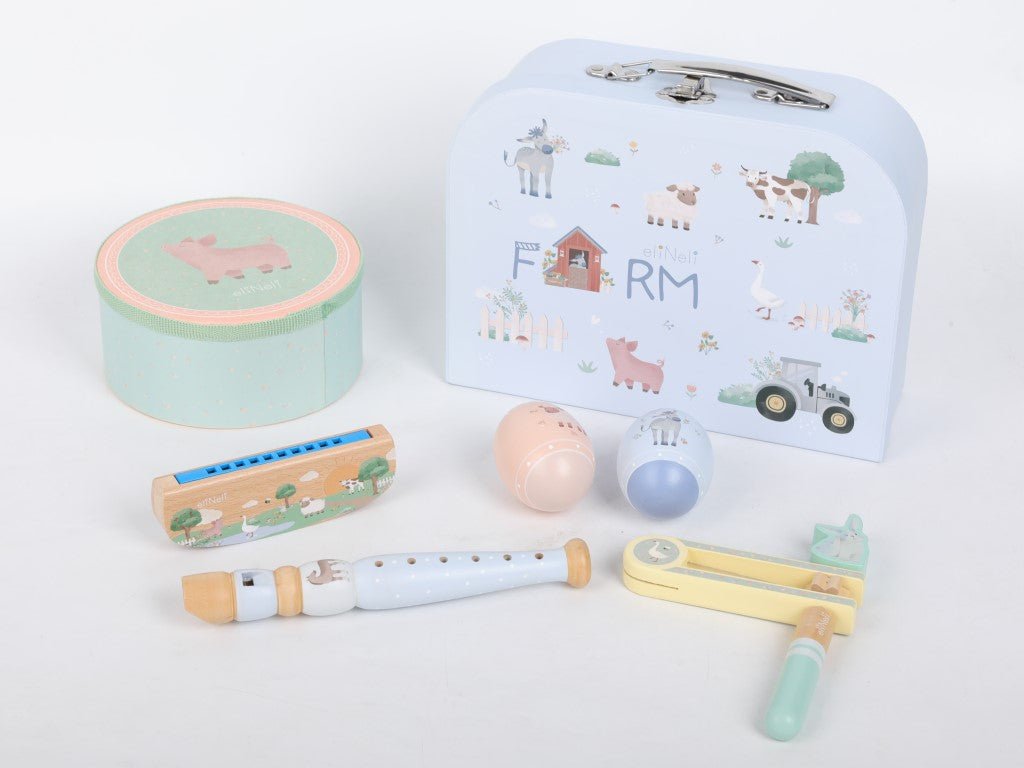 Pastel boerderijthema op kinderinstrumenten – detailopname