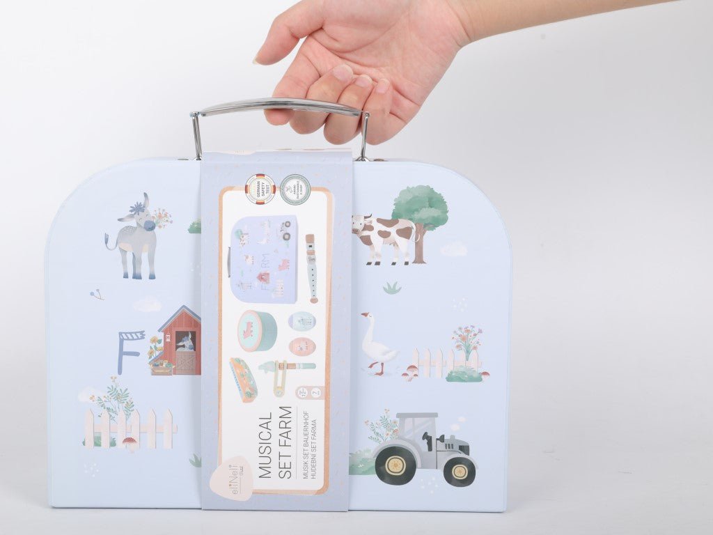 Houten Muziekinstrumenten Set voor Kinderen – 5‑delig met Boerderijthema (12m+) - VOF Snug & Smart