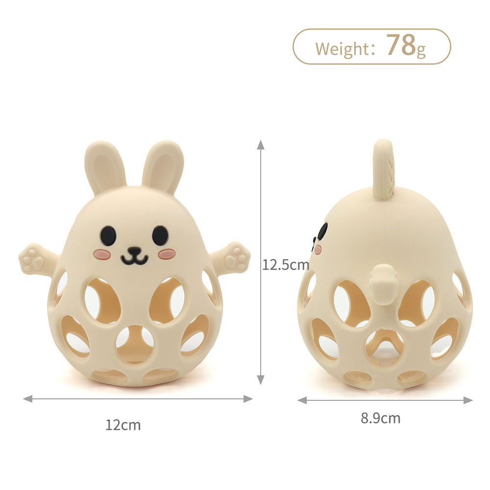 Silicone bunny bijtbal in beige met open structuur voor baby’s van 0–12 maanden