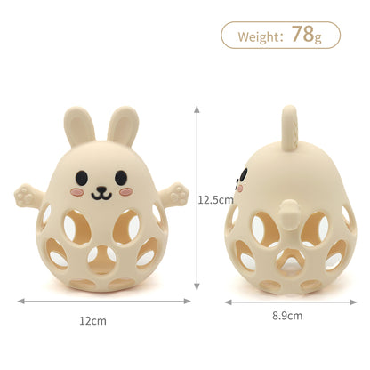 Silicone bunny bijtbal in beige met open structuur voor baby’s van 0–12 maanden