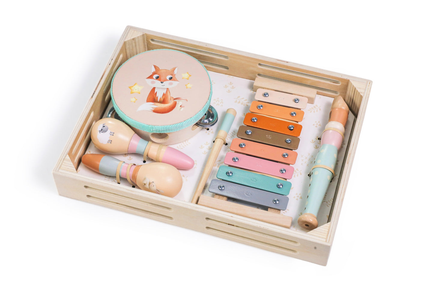 Houten muziekset voor kinderen met 4 instrumenten en dierenmotief – educatief muzikaal speelgoed.