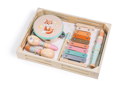 Houten muziekset voor kinderen met 4 instrumenten en dierenmotief – educatief muzikaal speelgoed.