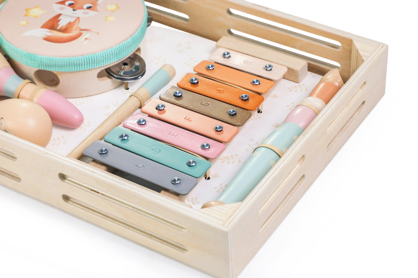 Houten muziekset voor kinderen met 4 instrumenten en dierenmotief – educatief muzikaal speelgoed.