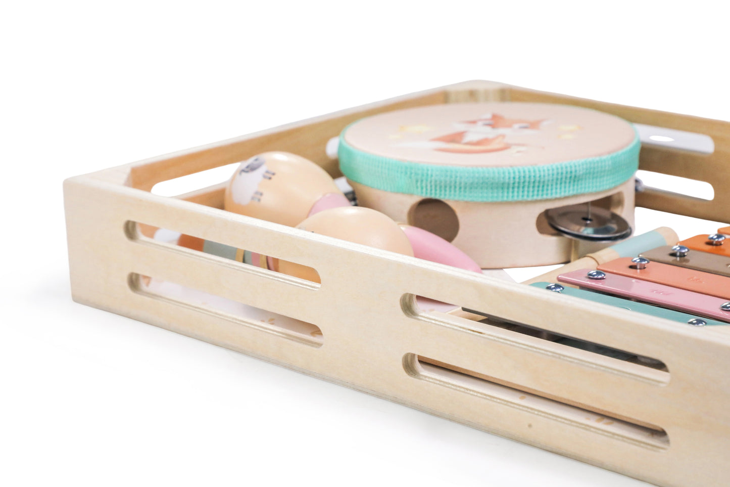 Houten muziekset voor kinderen met 4 instrumenten en dierenmotief – educatief muzikaal speelgoed.
