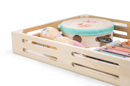 Houten muziekset voor kinderen met 4 instrumenten en dierenmotief – educatief muzikaal speelgoed.
