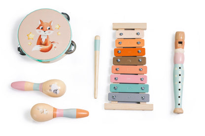 Houten muziekset voor kinderen met 4 instrumenten en dierenmotief – educatief muzikaal speelgoed.