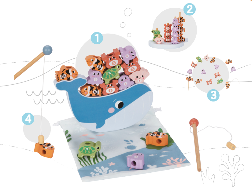 Houten balansspel en visspel met zeedieren – 4-in-1 educatief speelgoed van eliNeli voor kinderen vanaf 3 jaar