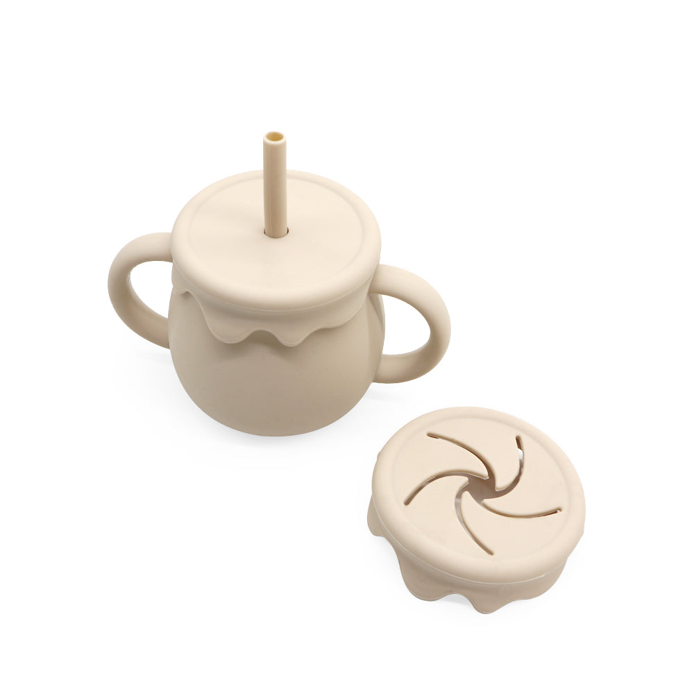 Beige silicone 2-in-1 snackbeker en rietjesbeker met handvatten