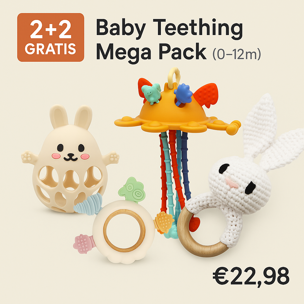 Baby Teething Mega Pack met vier sensorische bijtspeeltjes voor baby’s vanaf 0 maanden