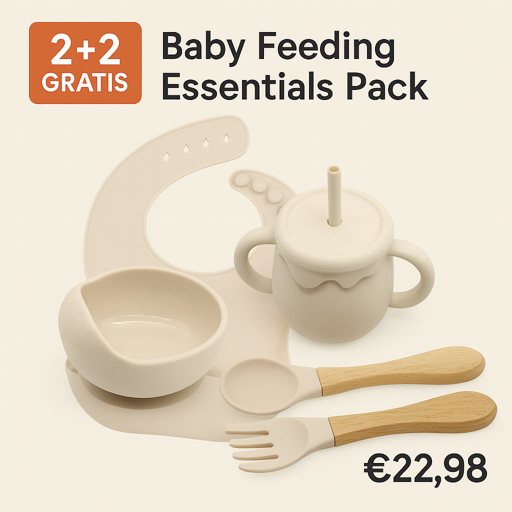Feeding Essentials Pack met slab, bowl, bestekset en snack/rietjesbeker in neutrale silicone