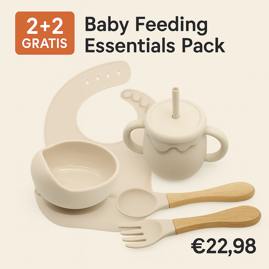 Feeding Essentials Pack met slab, bowl, bestekset en snack/rietjesbeker in neutrale silicone