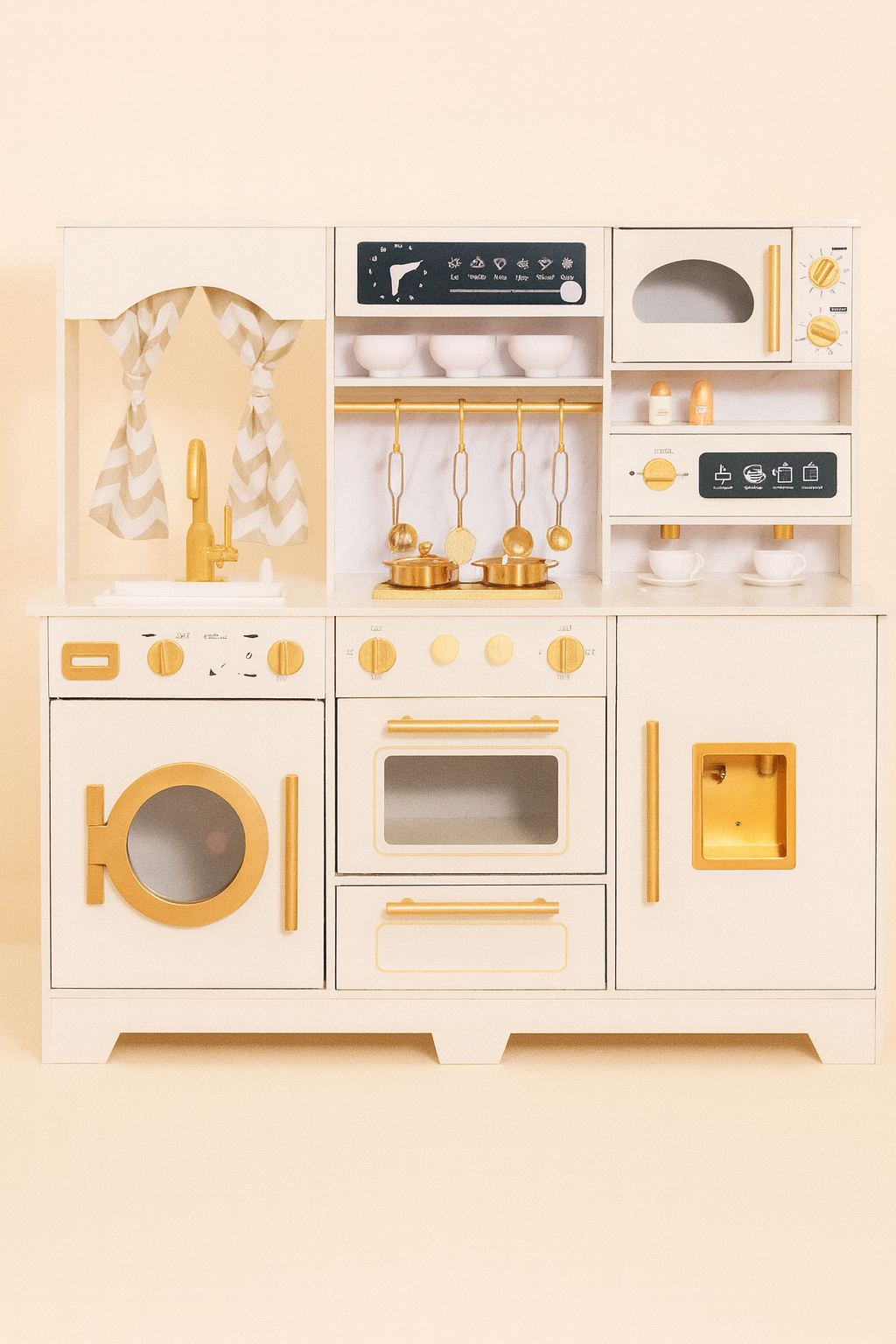 Realistische houten kinderkeuken in crème en goud – met werkende kraan, stoom, licht en accessoires – educatief speelgoed voor kinderen vanaf 3 jaar