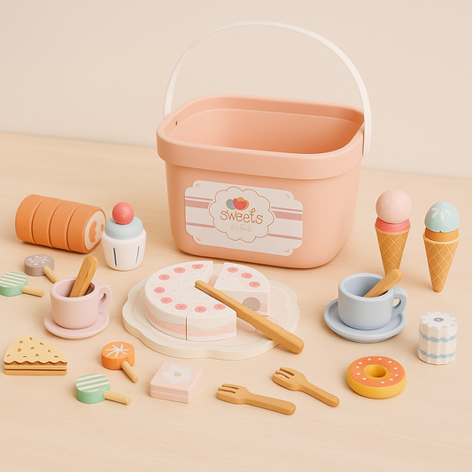 Houten Theeservies Kind – Met Taart en Snoep in Opbergbox – 3-in-1 Speelset – Educatief Rollenspel vanaf 3 jaar