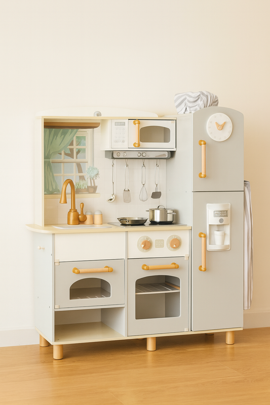 🍽️ Luxe Houten Kinderkeuken met Accessoires & Gratis Textielset – Scandinavisch Design