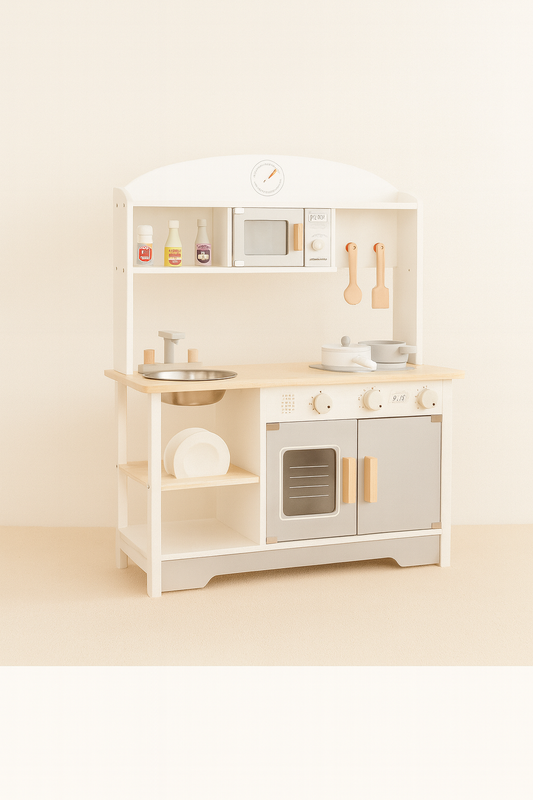 🍽️ Houten Kinderkeuken met Verstelbare Hoogte – Neutraal Design & Accessoires