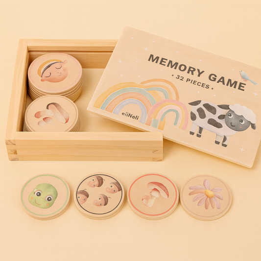 Houten memoryspel met boerderijdieren – educatief speelgoed dat geheugen en concentratie ontwikkelt.