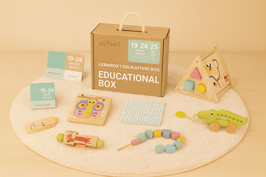 Educatieve speelbox voor peuters 19–24m. Stimuleert motoriek, taal en logisch denken met duurzaam Montessori-speelgoed.