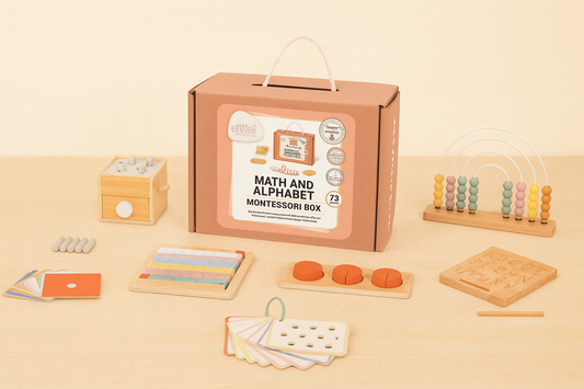 Leer rekenen, breuken & letters met de EliNeli Montessori box. Duurzaam hout, kleurrijk en veilig