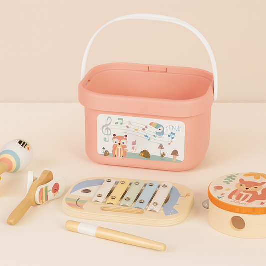 🎵 Houten Muziekinstrumenten Set voor Kinderen – 4-in-1 Muzikale Speelbox (18m+)
