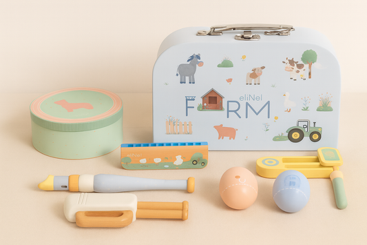 Houten Muziekinstrumenten Set voor Kinderen – 5‑delig met Boerderijthema (12m+)