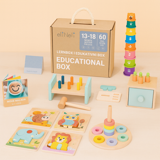 Educatieve speelbox 13–18 maanden – houten Montessori speelgoedset met puzzels, hamerbank, stapelbekers en boek over emoties
