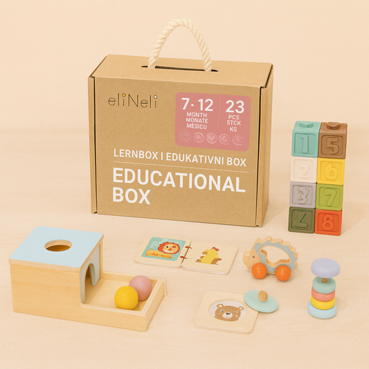 Educatieve speelbox voor baby’s 7–12 maanden – houten en zachte speelgoedset met rammelaar, puzzel, boekje en blokken