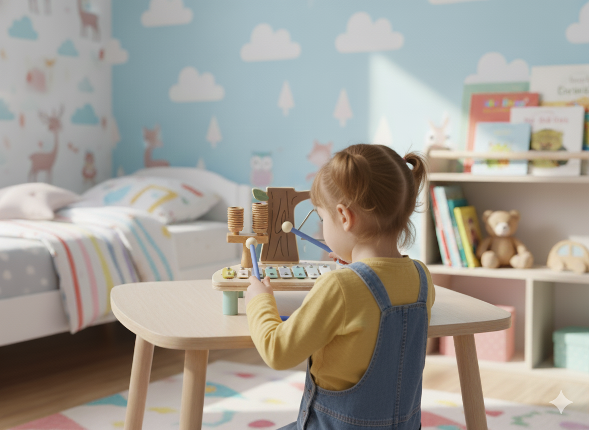 Houten muziektafel voor kinderen met 5 muziekinstrumenten en bosmotief – educatief muzikaal speelgoed.