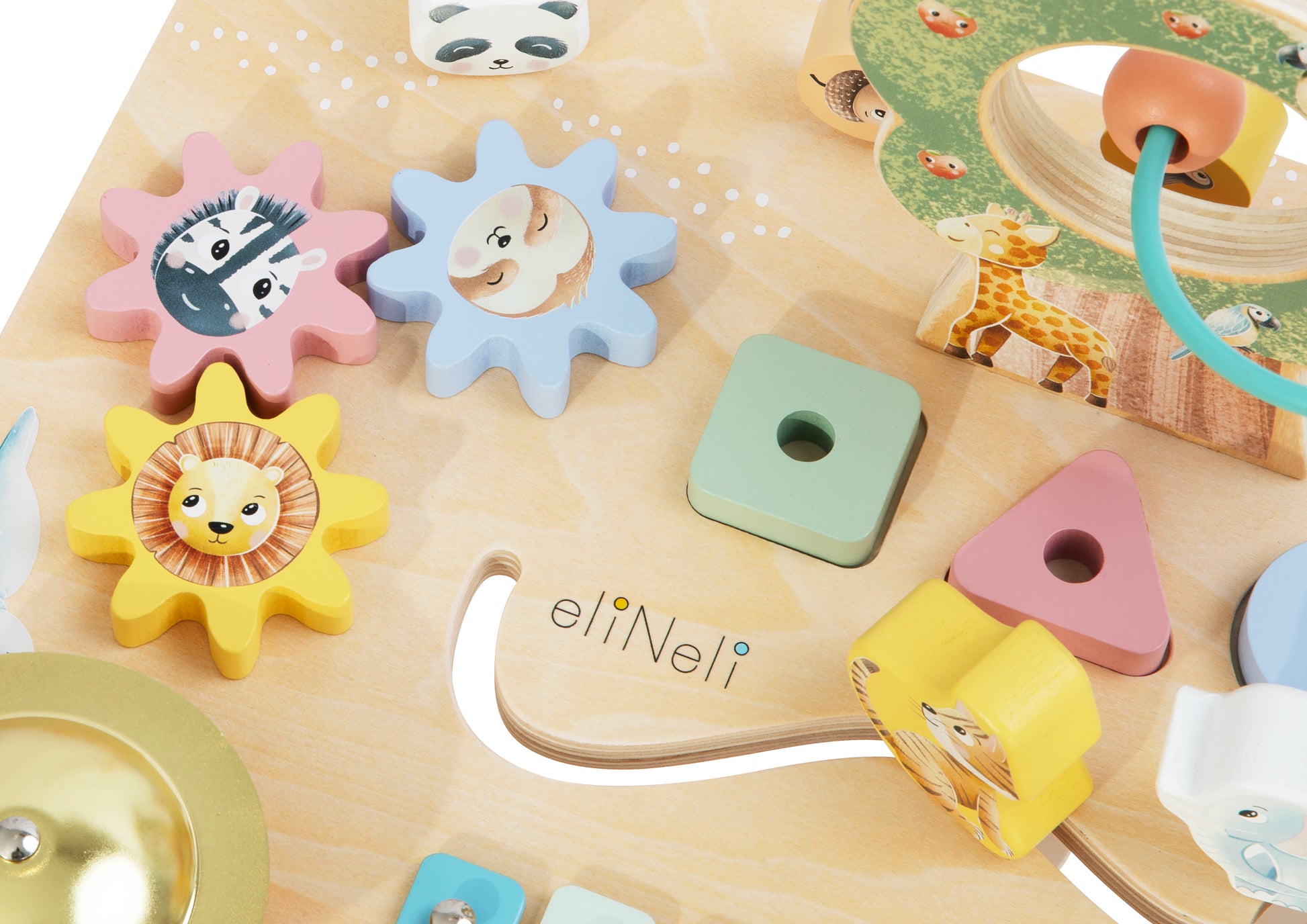 Houten activiteitentafel met pastelkleuren, kralenbaan, muziekinstrumenten en puzzels voor peuters vanaf 1 jaar – motorische speeltafel van natuurlijk hout