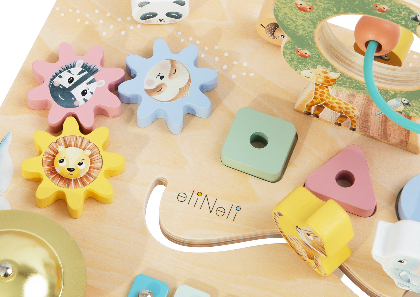 Houten activiteitentafel met pastelkleuren, kralenbaan, muziekinstrumenten en puzzels voor peuters vanaf 1 jaar – motorische speeltafel van natuurlijk hout