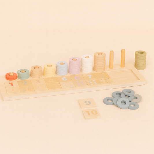 Houten Montessori telraam – educatief speelgoed met gekleurde ringen, stimuleert tellen, kleuren herkennen en motoriek, geschikt vanaf 2 jaar