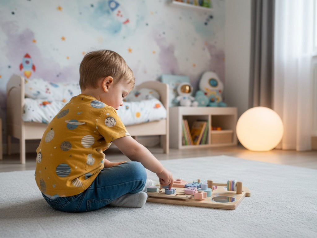 Houten activiteitenbord in huisvorm met boerderijdieren – Montessori speelgoed voor motoriek en vormherkenning.