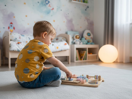 Houten activiteitenbord in huisvorm met boerderijdieren – Montessori speelgoed voor motoriek en vormherkenning.