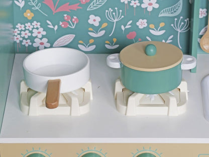 Houten kinderkeuken met licht en geluid – educatieve speelkeuken met accessoires in groen, bruin en wit, geschikt vanaf 3 jaar