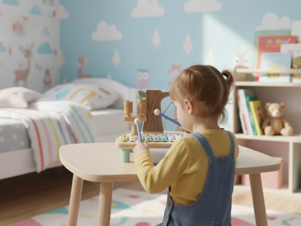 Houten muziektafel voor kinderen met 5 muziekinstrumenten en bosmotief – educatief muzikaal speelgoed.