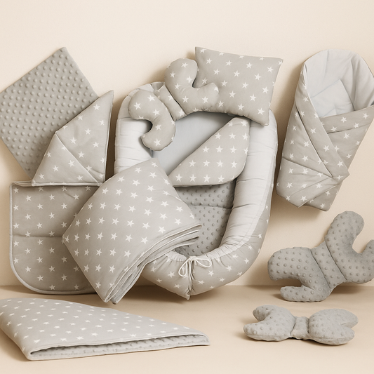 eliNeli 7-delige babybedset – grijs met sterren, inclusief nestje, omslagdoek, kussens en dekentje, omkeerbaar katoen en minky
