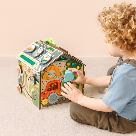 eliNeli Activity Board House – houten Montessori activiteitenhuis met voertuigen en LED-lichtjes, educatief speelgoed voor kinderen vanaf 1 jaar