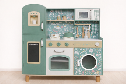 Houten kinderkeuken met licht en geluid – educatieve speelkeuken met accessoires in groen, bruin en wit, geschikt vanaf 3 jaar