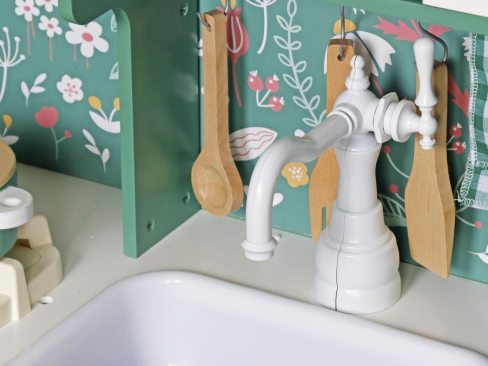 Houten kinderkeuken met licht en geluid – educatieve speelkeuken met accessoires in groen, bruin en wit, geschikt vanaf 3 jaar