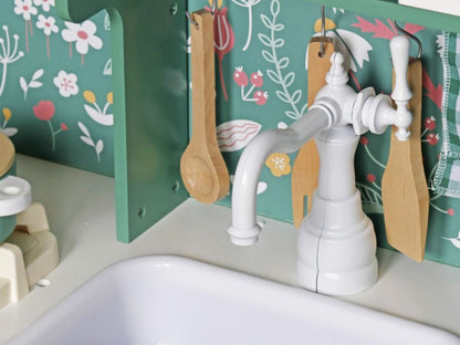 Houten kinderkeuken met licht en geluid – educatieve speelkeuken met accessoires in groen, bruin en wit, geschikt vanaf 3 jaar