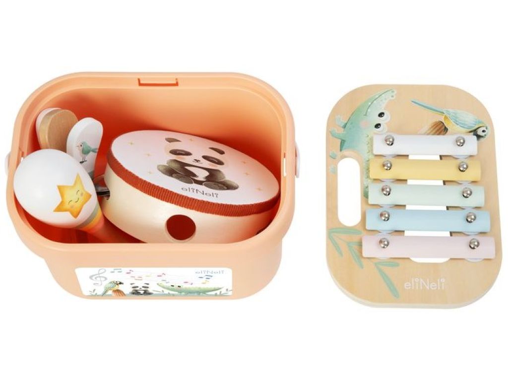 Houten muziekset voor kinderen in draagbare box – tamboerijn, castagnetten, xylophone en rumba-bal.