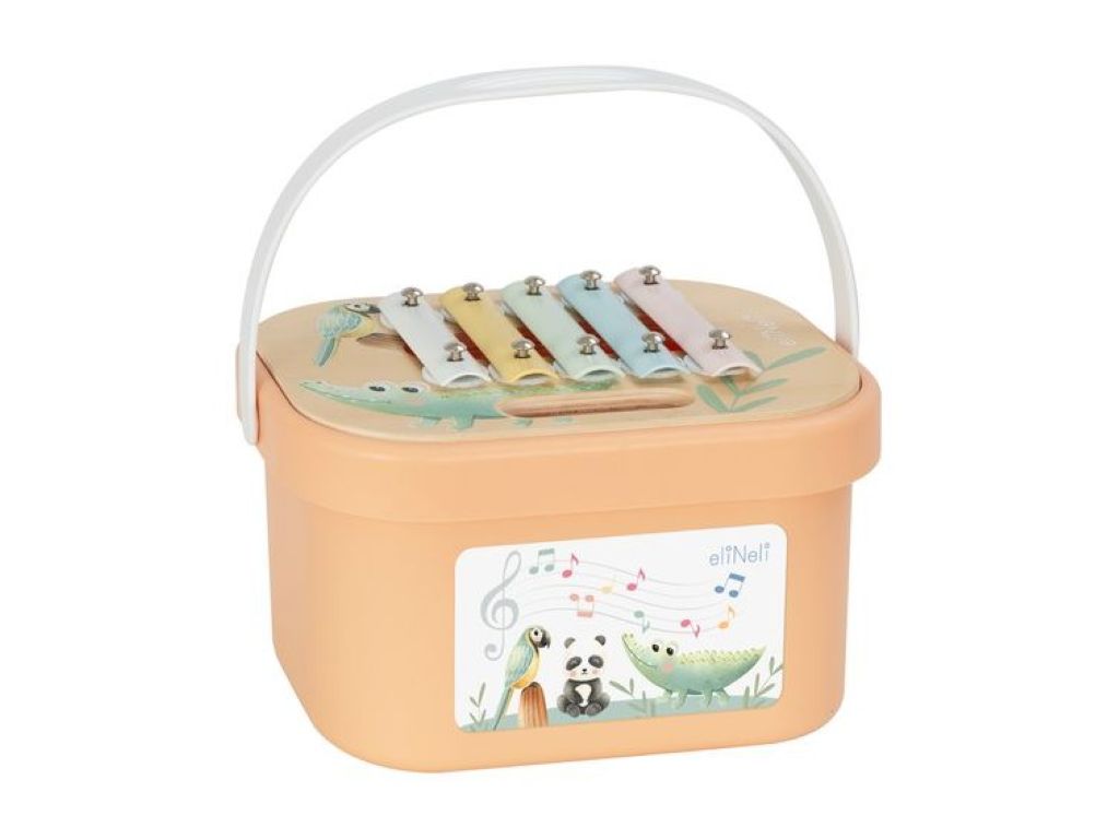 Houten muziekset voor kinderen in draagbare box – tamboerijn, castagnetten, xylophone en rumba-bal.
