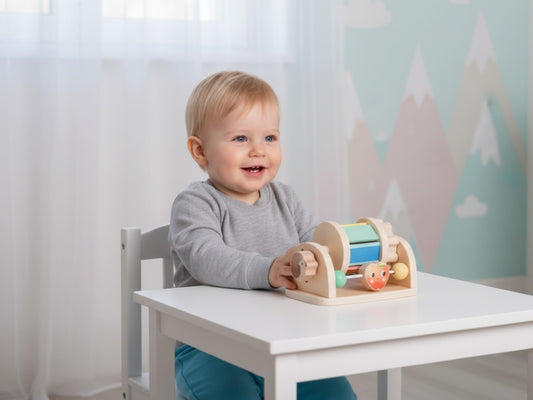 Houten Montessori sensorische draaitrommel in pastelkleuren – stimuleert fijne motoriek en sensorisch spel.