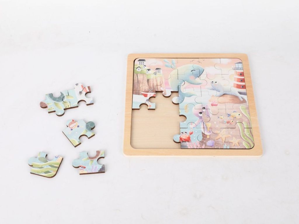 Houten Sea World puzzel met kleurrijke zeedieren – educatief speelgoed voor motoriek en logisch denken.