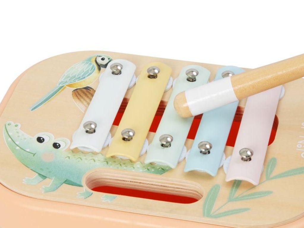 Houten muziekset voor kinderen in draagbare box – tamboerijn, castagnetten, xylophone en rumba-bal.